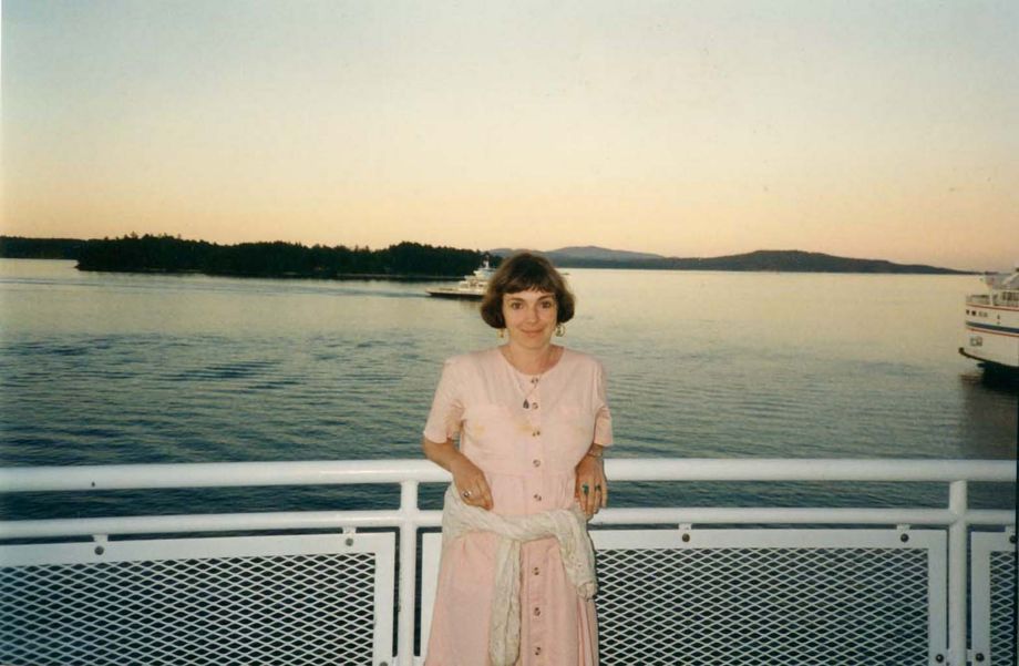Rachael on a ferry at dusk